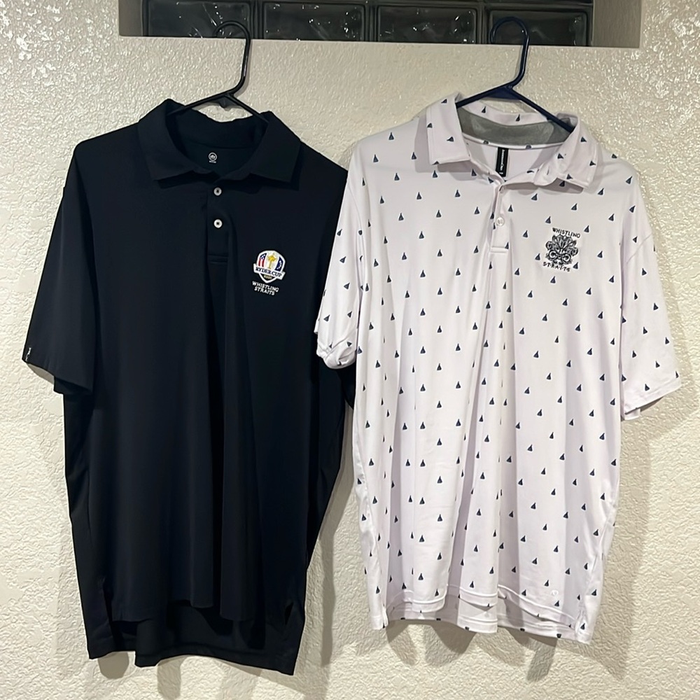 Two men’s golf shirts. Whistling Straits and Ryder Cup. Size large.